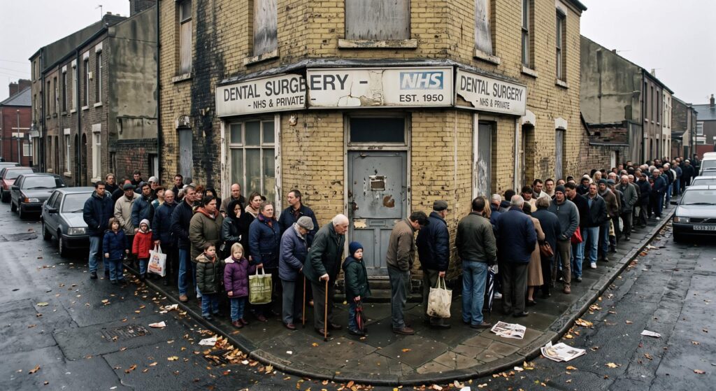 A gigantic queue of patients outside a run-down NHS dental surgery, illustrating the severe shortage of NHS dentistry appointments in Liverpool