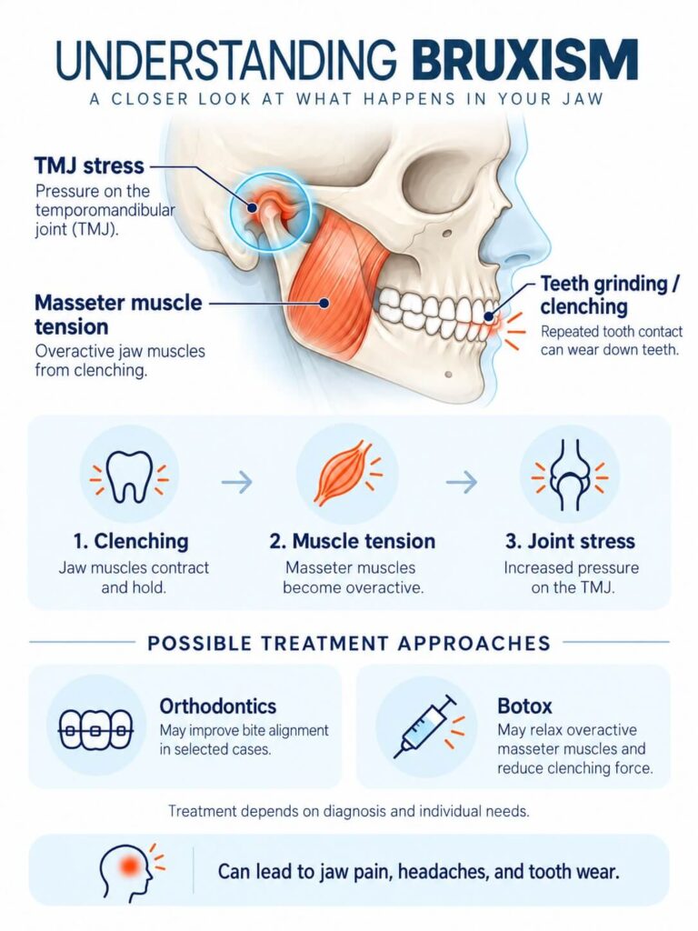 Infographic explaining the causes, symptoms, and treatments of Bruxism, provided by RiT Dental Care Liverpool. The anatomical illustration details jaw clenching, masseter muscle tension, and TMJ stress. It outlines a 3-step cycle of teeth grinding and highlights possible dental treatments offered to patients, such as Orthodontics and Botox injections, to relieve jaw pain and headaches